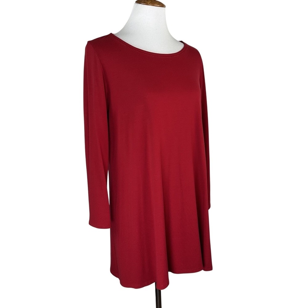 Eileen Fisher Red Long Sleeve Tunic Top Jersey Knit Lagenlook Minimalist Women L